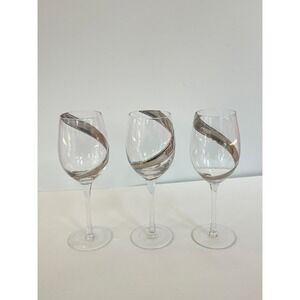 Vintage Silver Swirl Wine Glasses Set of 3 Metallic Ribbon Band Stemware 9 inch